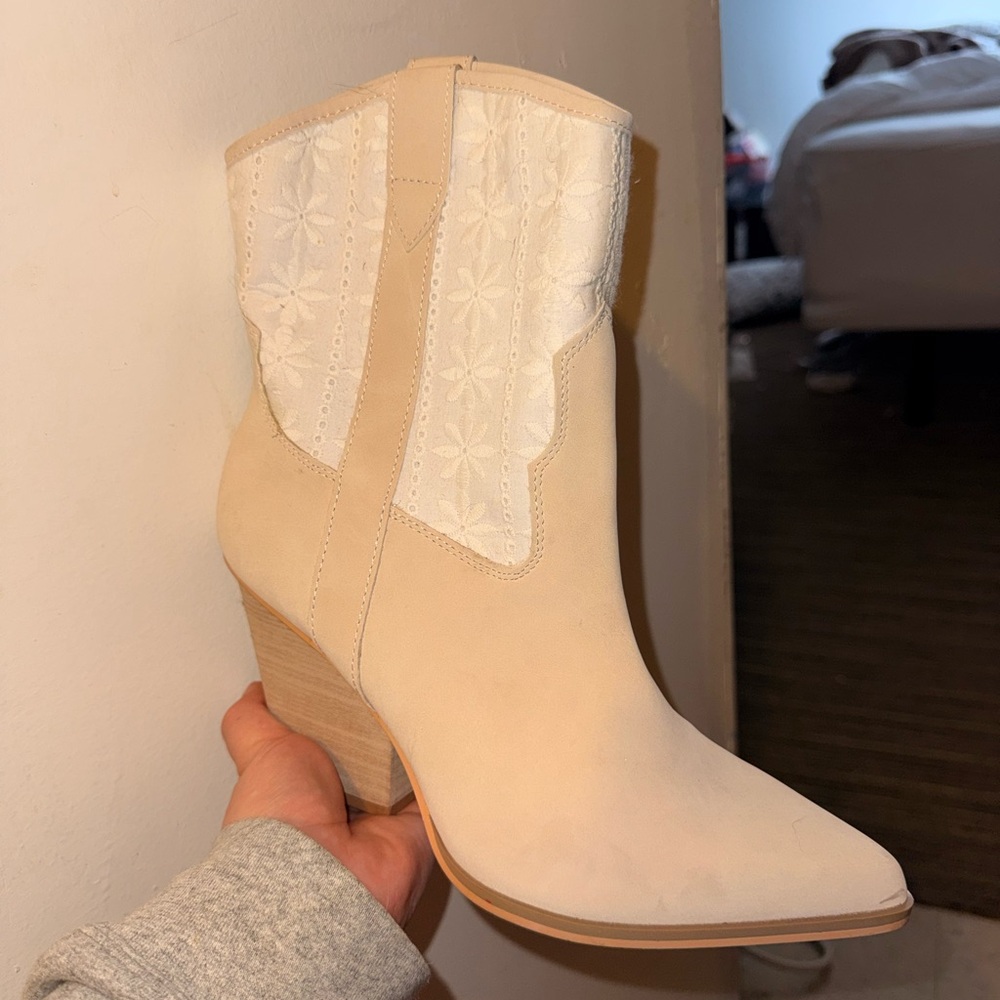 Women's Cream Western Ankle Boot with Embroidered Panel